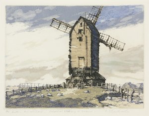 Vindmølle, Winchelsea, East Sussex (farvet mezzotint) af English School